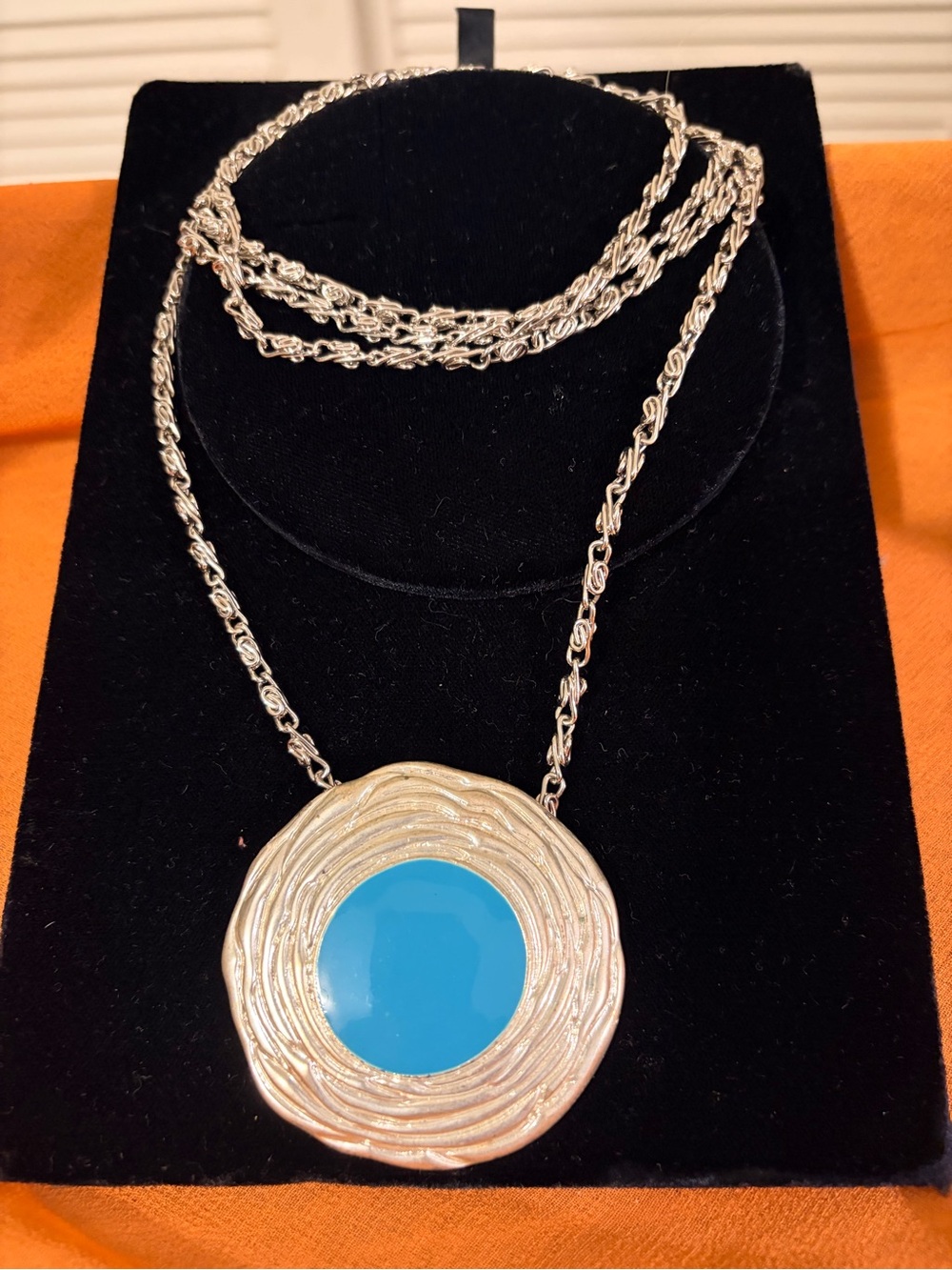 Silver-Tone Necklace with Bright Turquoise Enamel Round Pendant